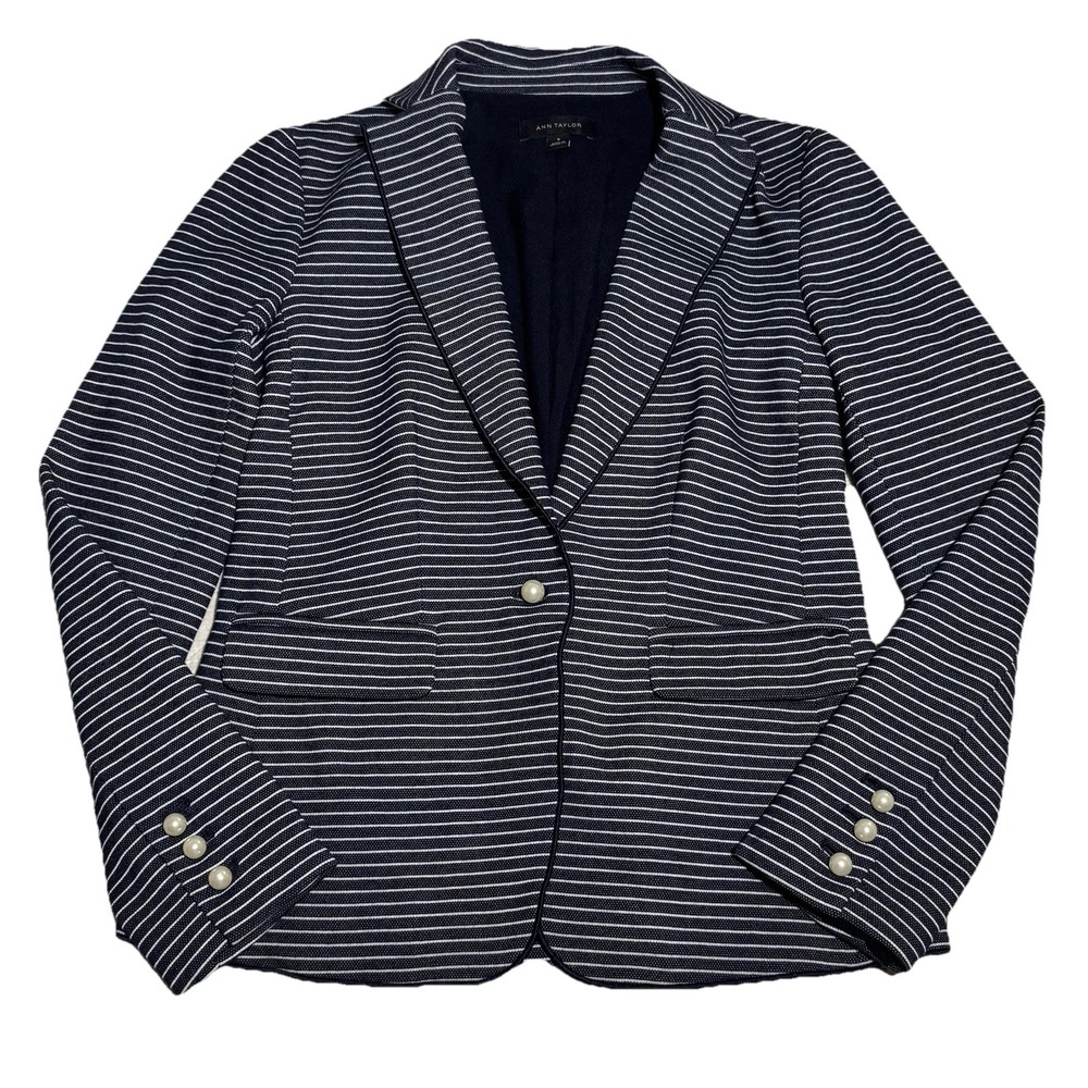 ANN TAYLOR Women's Size‎ 0 Blazer Pearl Buttons Black White Striped Minimalist - Picture 2 of 8